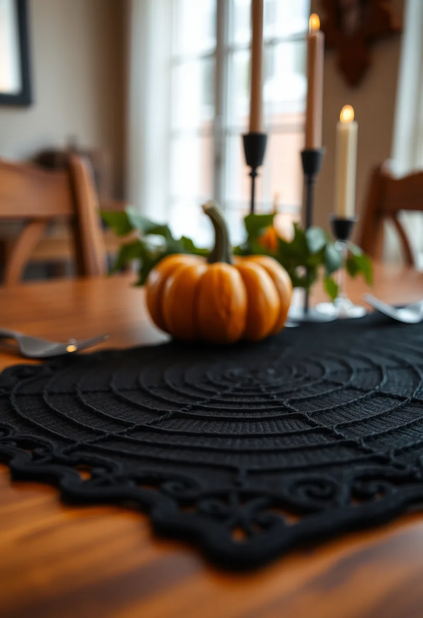 Spiderweb-patterned black placemat with pumpkin and candles for low-maintenance halloween party decorations