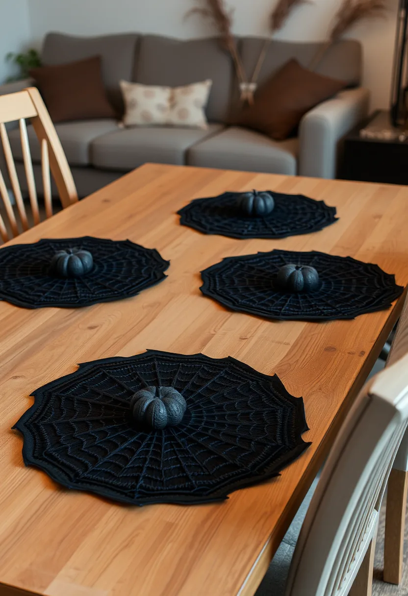 Wipe-clean black spider web halloween party decorations placemats with pumpkins on wood table