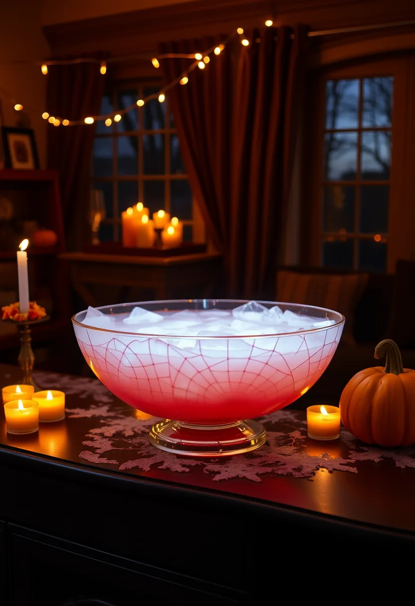 Red punch with frozen fruit ice rings in ornate glass bowl, candlelit halloween party decorations table