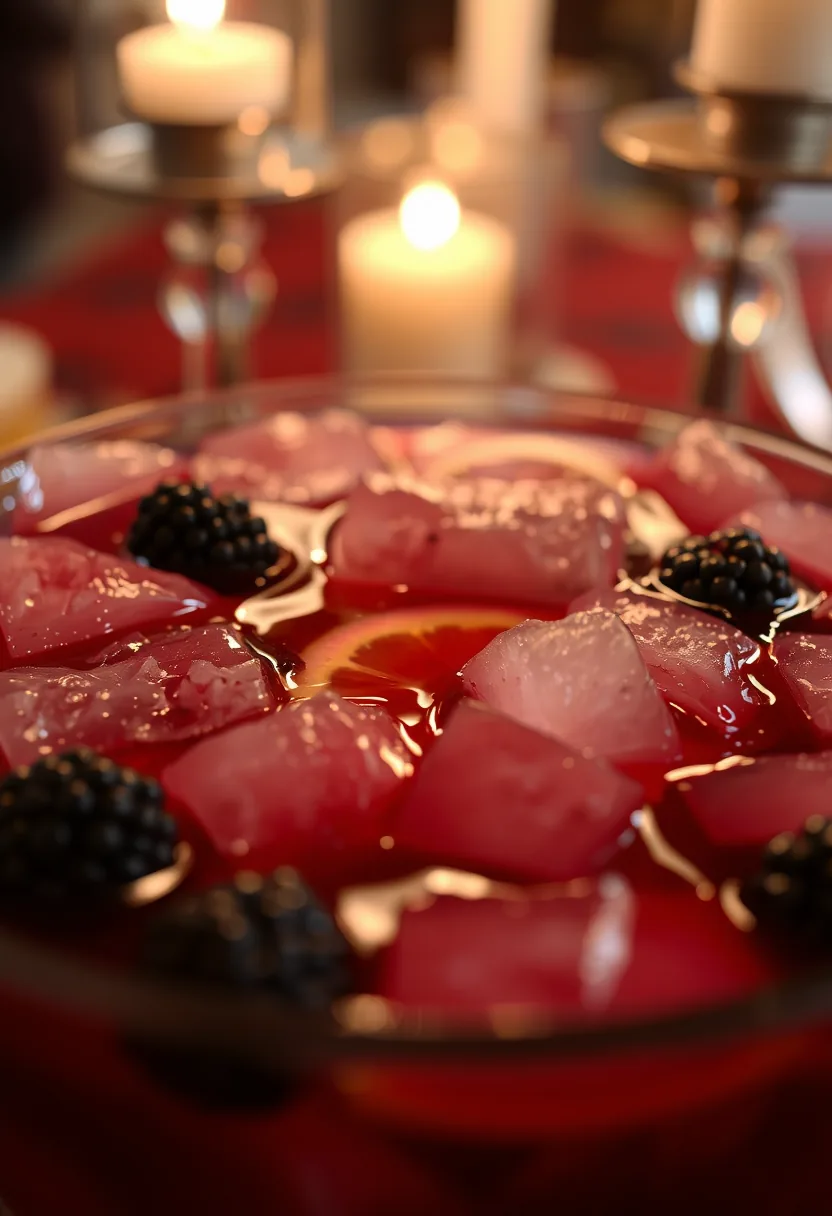 Red punch with ice ring holding frozen blackberries stays cold for halloween party decorations