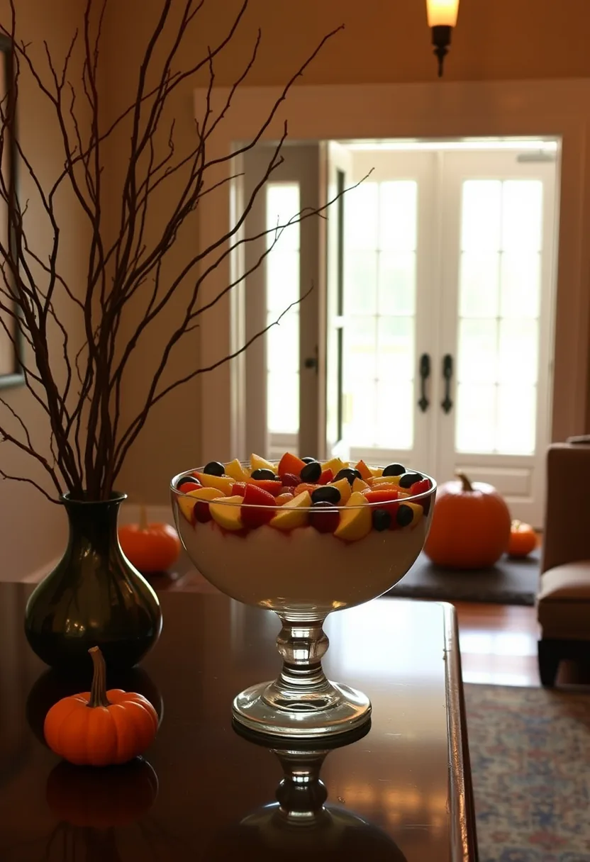 Glass punch bowl with frozen citrus and berry ice rings for halloween party decorations, pumpkin and twisted branches