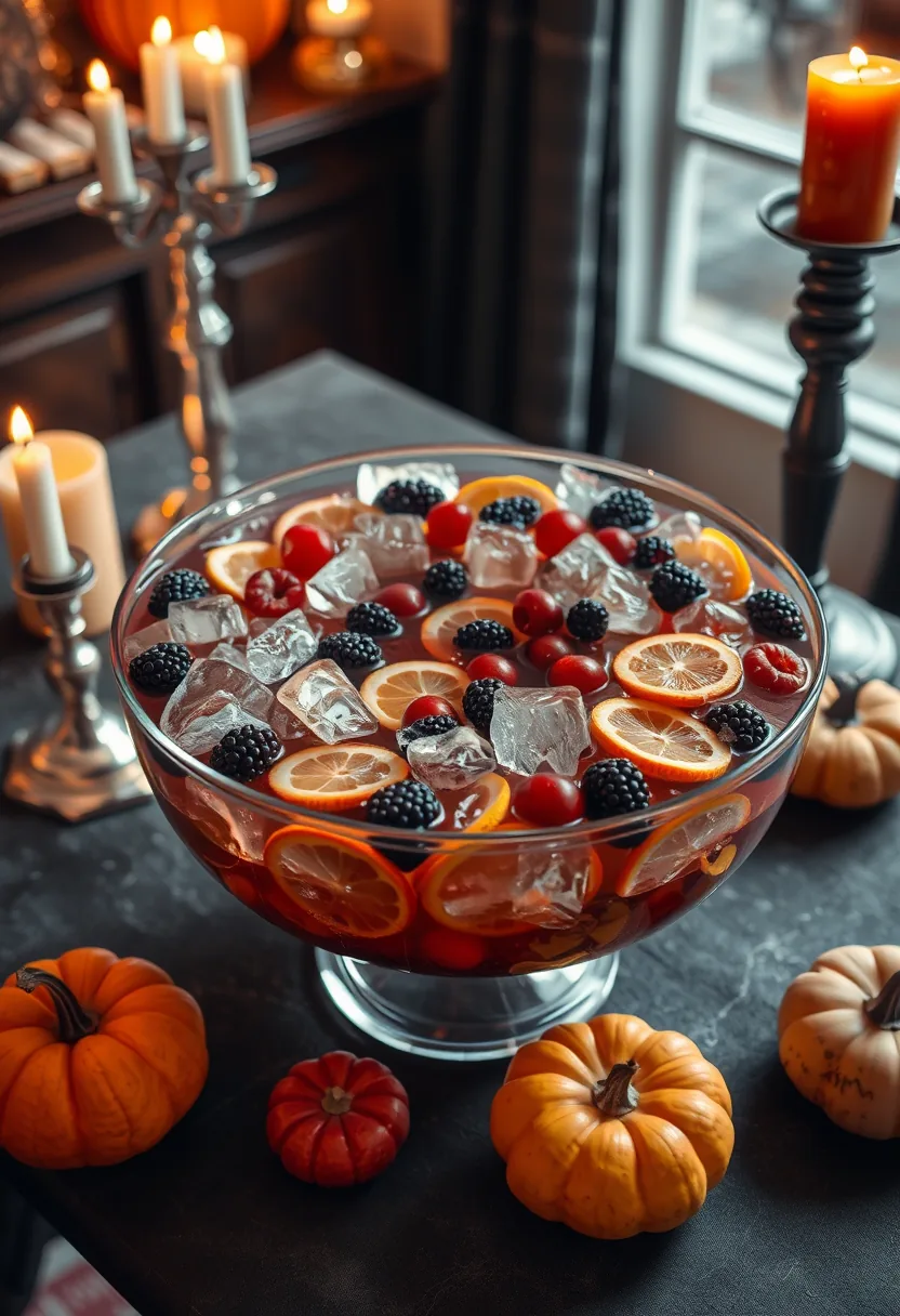 Frozen berry and orange ice rings floating in dark punch, halloween party decorations with candles and pumpkins