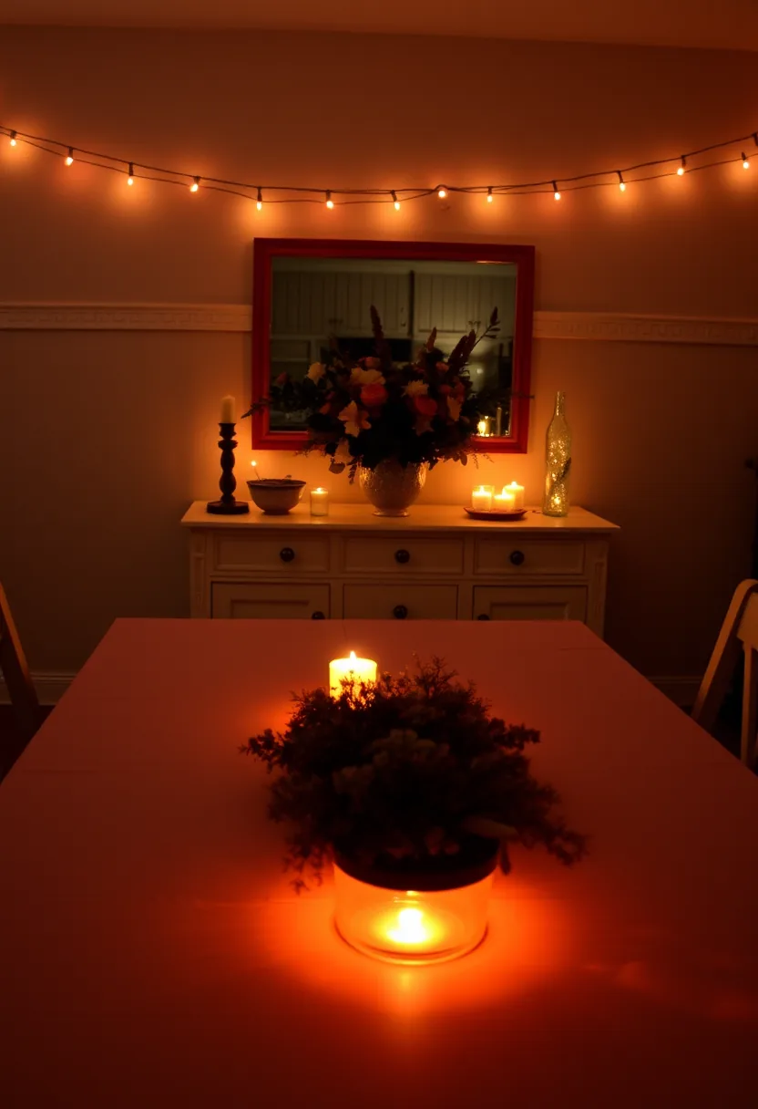 Black floral halloween party decorations with lit candle in glowing vase, positioned low on dining table