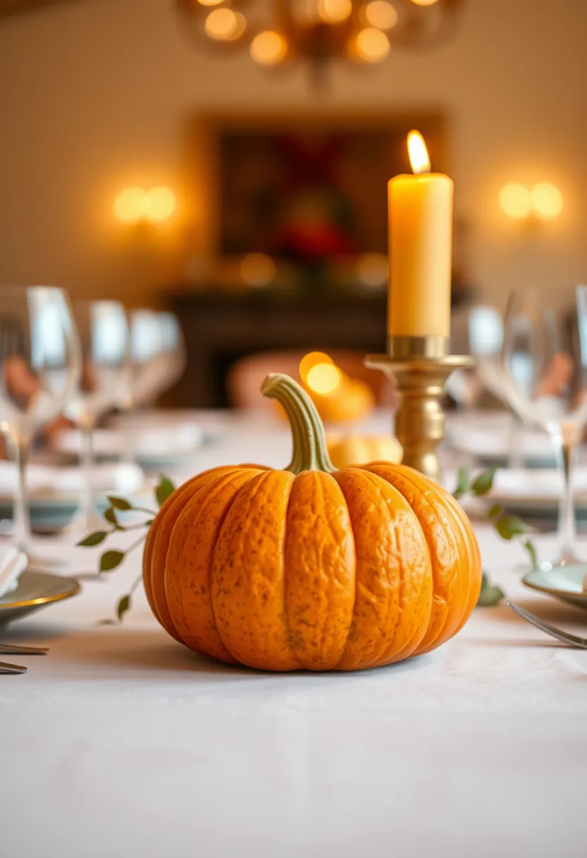 Orange pumpkin low on dining table with candle, place settings, and greenery for halloween party decorations