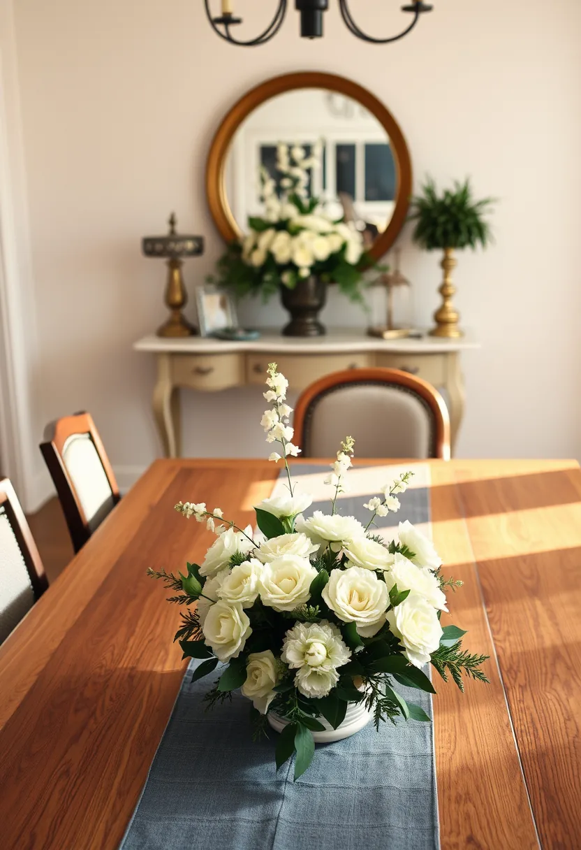 White and cream floral centerpiece on dining table for halloween party decorations, positioned below eye level