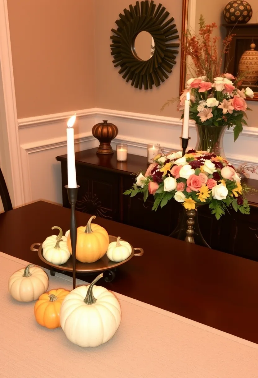 Halloween party decorations with coral roses, pumpkins, candles on table kept below eye level