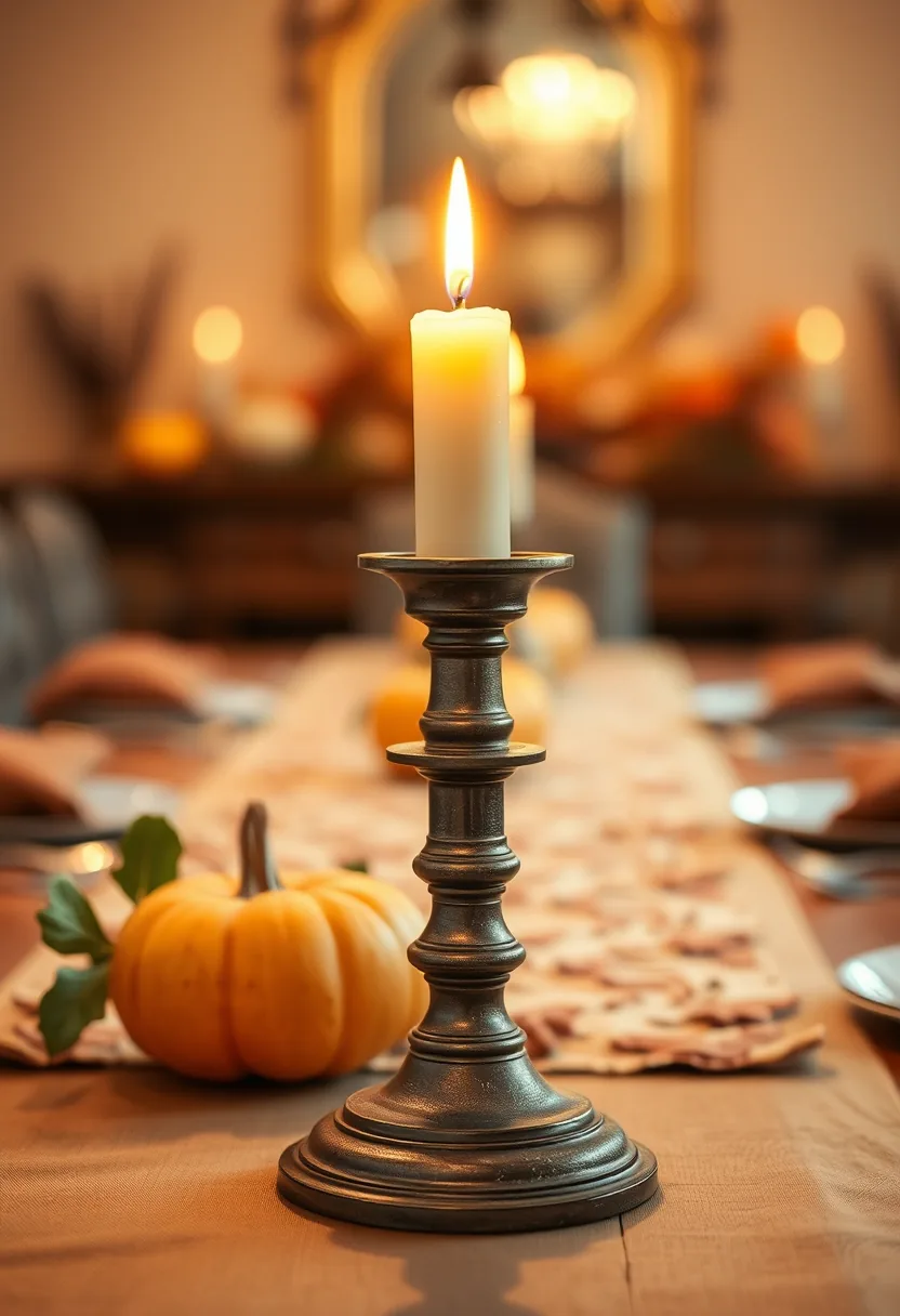 Black metal candlestick with white candle, pumpkin halloween party decorations, weighted base stops tipping