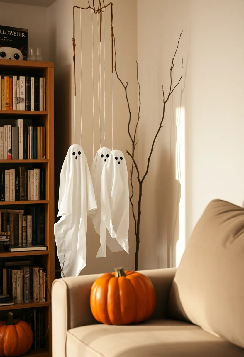 Hanging white fabric ghost figures halloween party decorations in living room corner with pumpkin and branches
