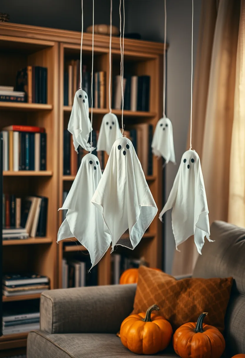 White fabric ghost halloween party decorations hanging in dark corner near bookshelf with pumpkins