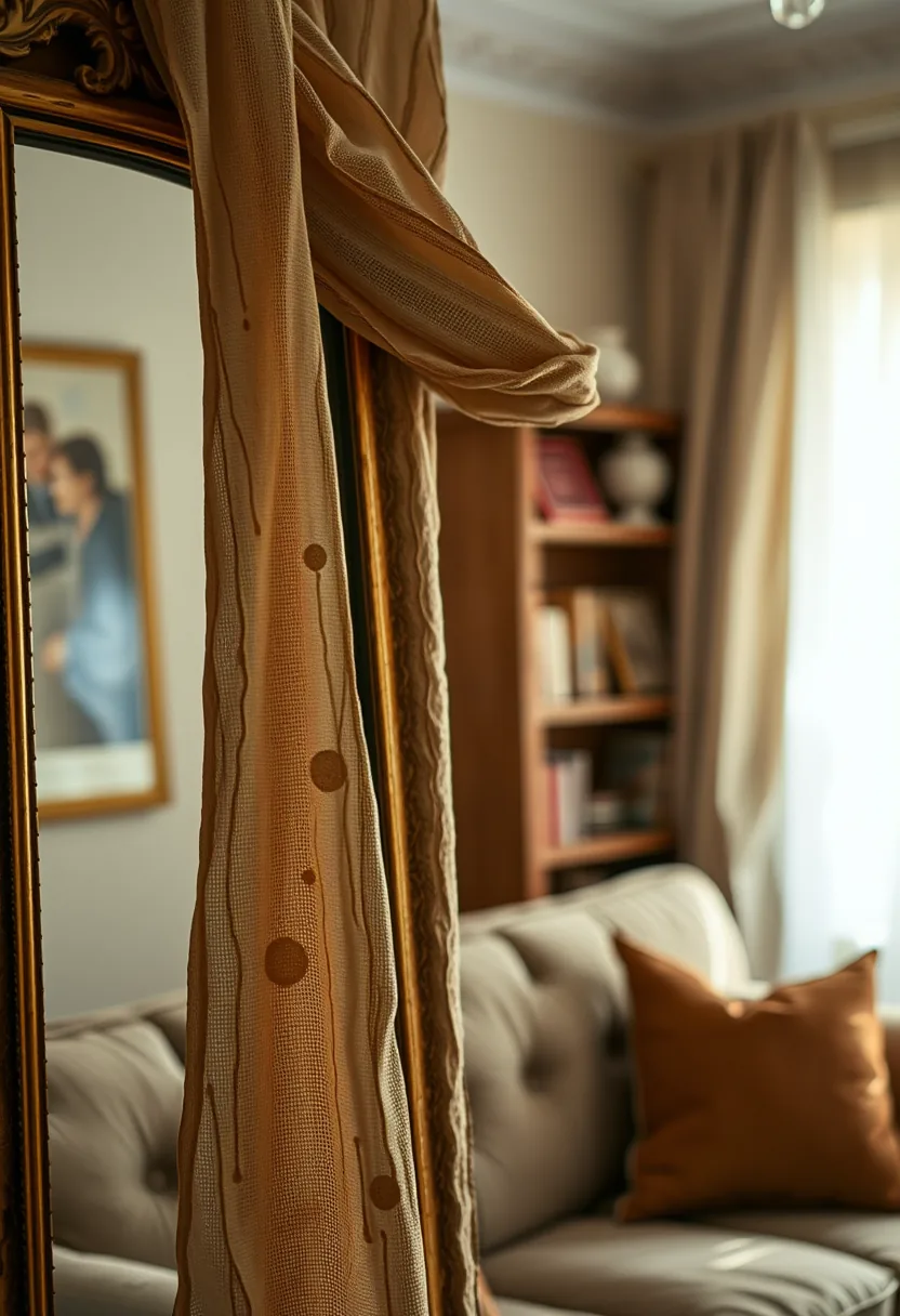 Beige cheesecloth draped over ornate gold mirror for halloween party decorations