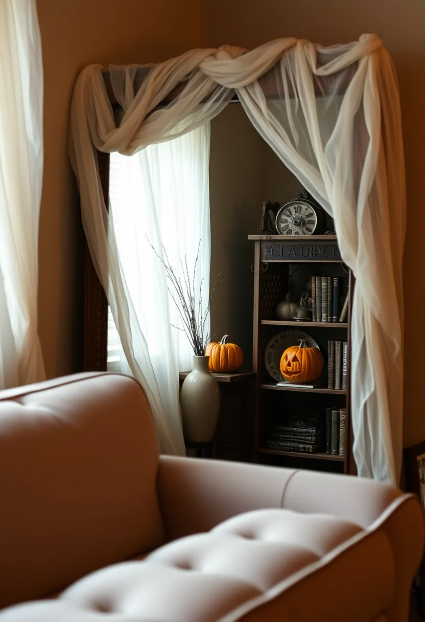 Sheer cheesecloth draped over mirror as halloween party decorations with orange pumpkins and bookshelf behind