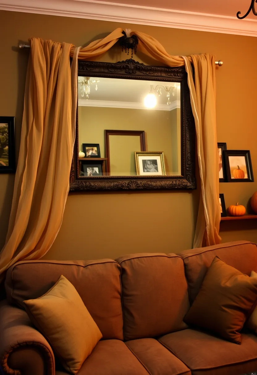 Ornate mirror draped with golden cheesecloth, black spider halloween party decorations on tan wall above couch