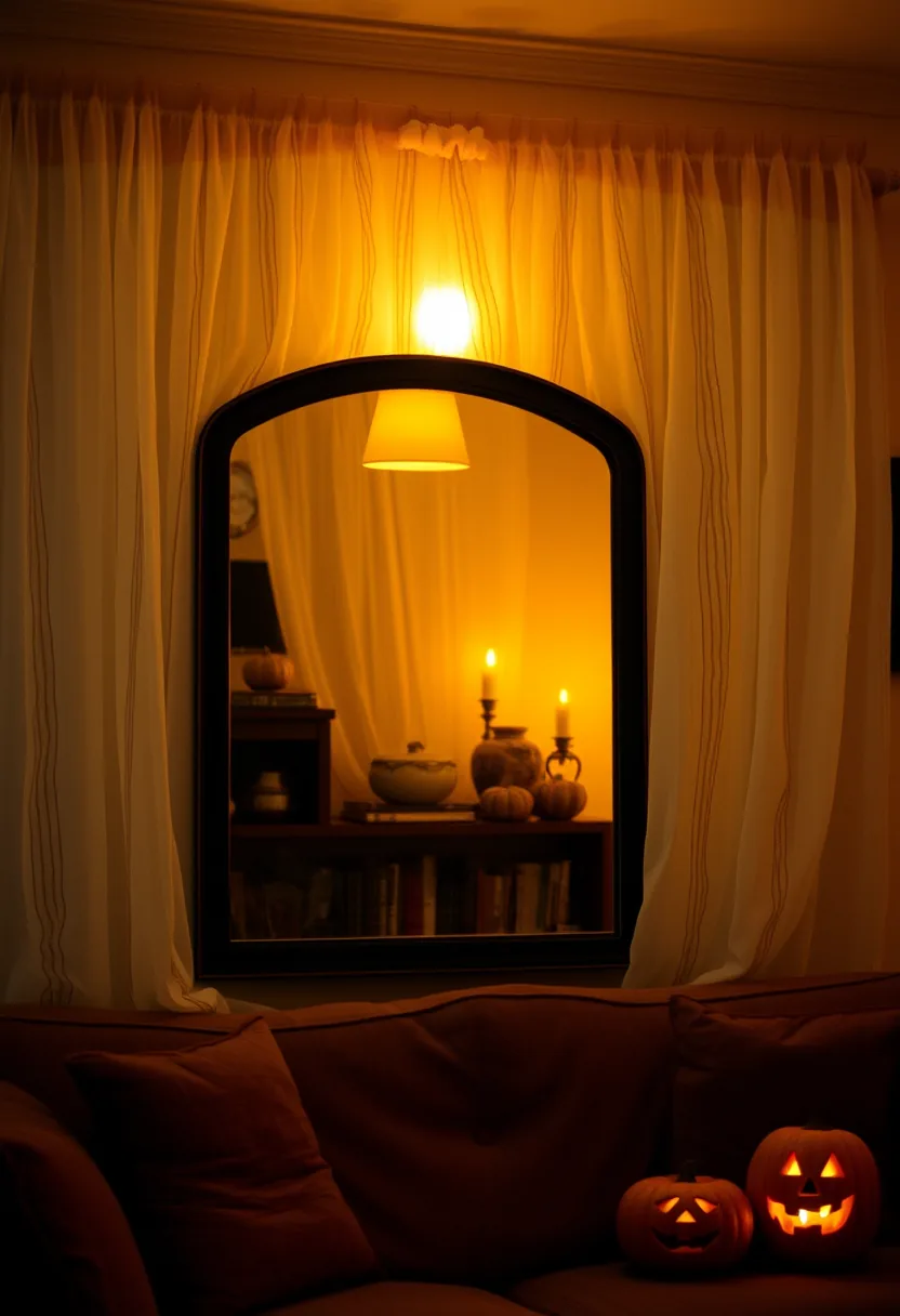 Cheesecloth draped over black mirror with lit candles and jack-o-lanterns, halloween party decorations