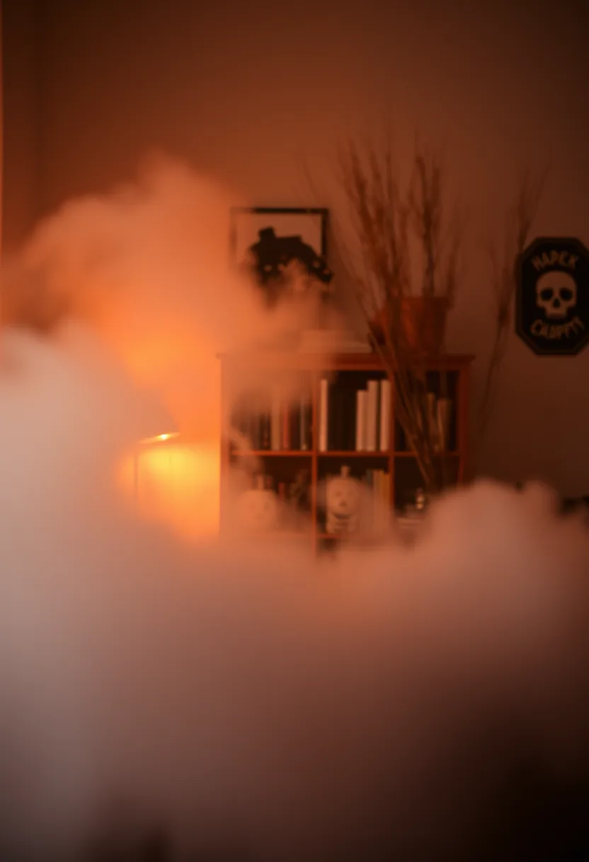 Orange-glowing fog machine low behind wooden shelf creating white mist for halloween party decorations