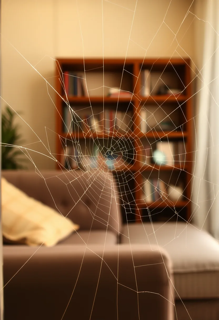 Thin white cobweb halloween party decorations backlit with dramatic light catching fine strands across room