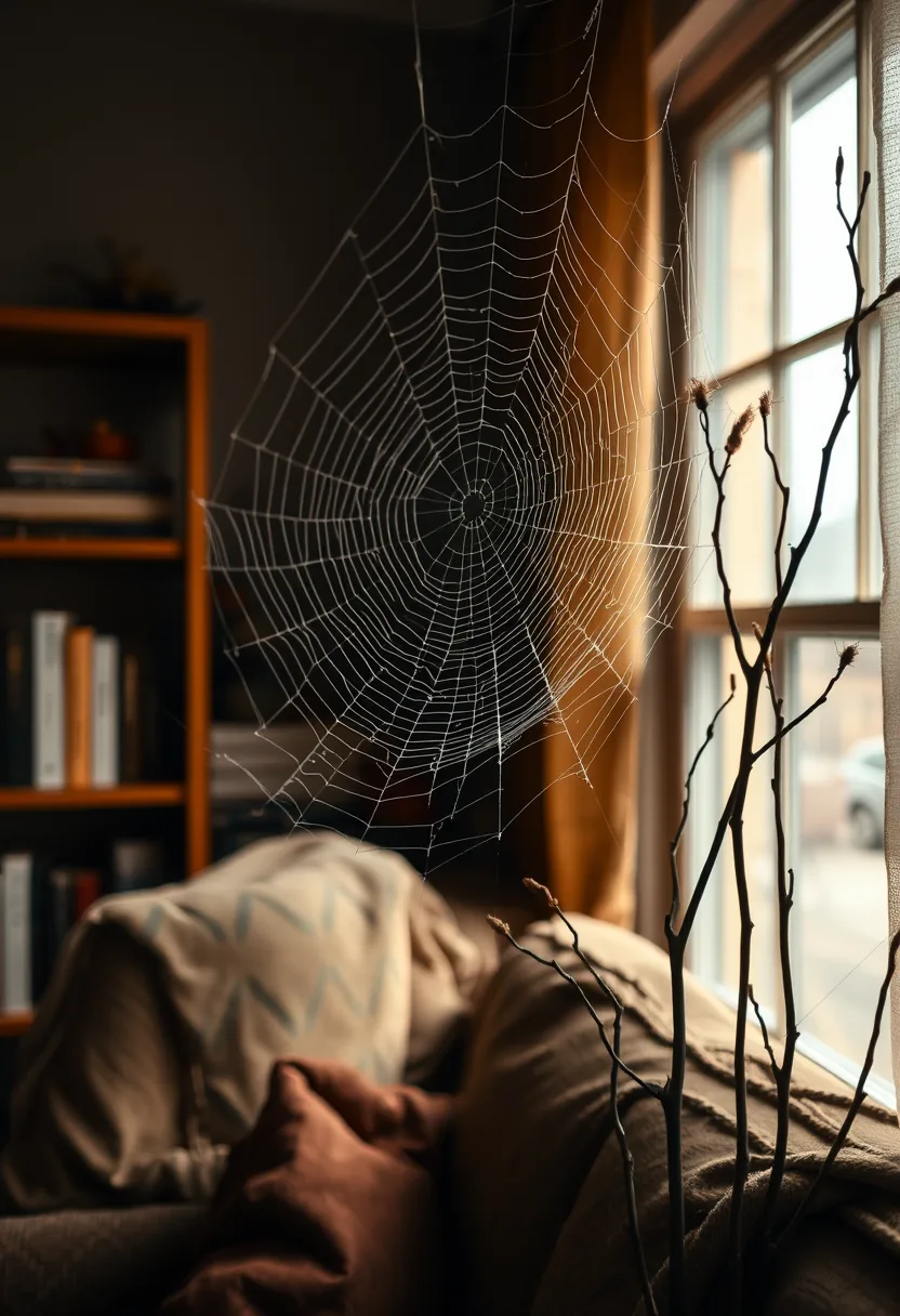 Stretched spider web thin where light glows, halloween party decorations for spooky indoor displays