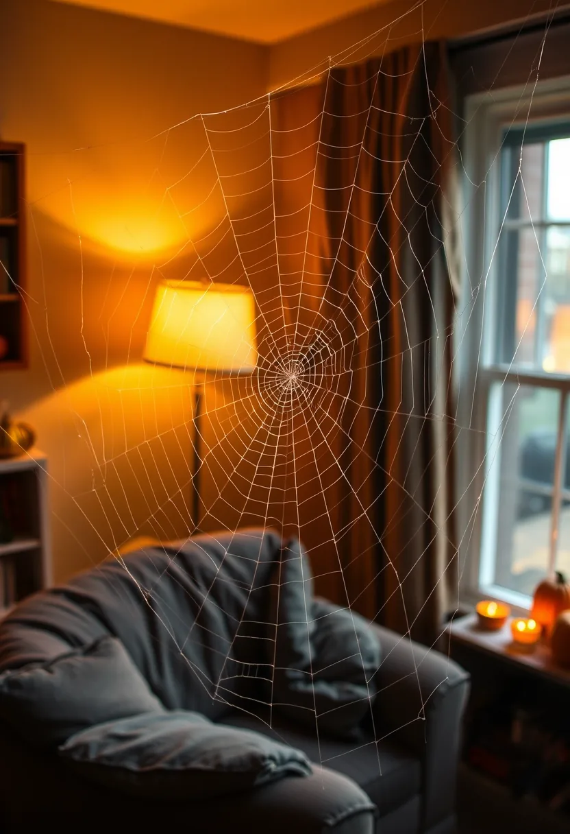 Gossamer cobweb halloween party decoration stretched thin, glowing where golden light catches delicate strands