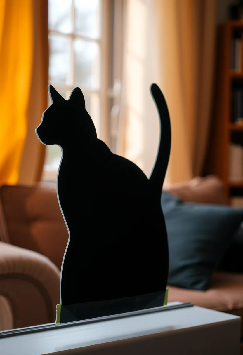 Black cat silhouette cut from poster board halloween party decorations on window