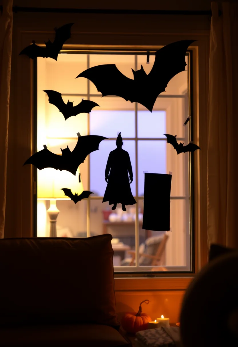 Cut black poster board window silhouettes: bats, grim reaper, coffin for halloween party decorations, backlit