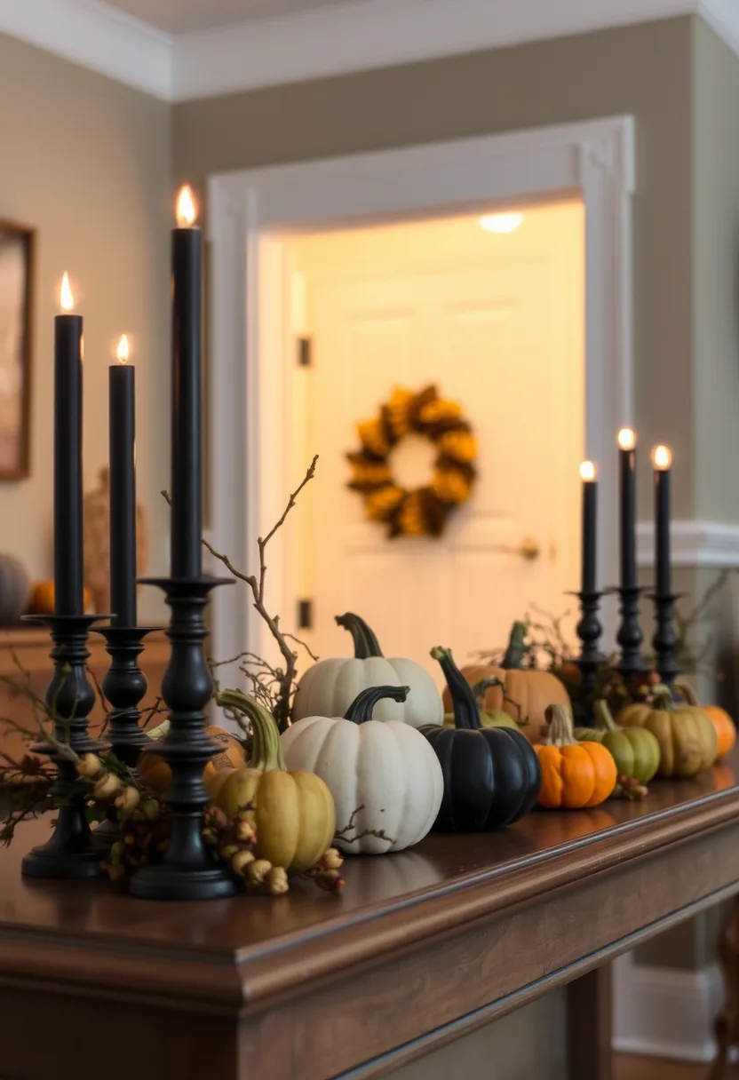Black candlesticks, cream gourds on mantel halloween party decorations restyling fall decor with black accents