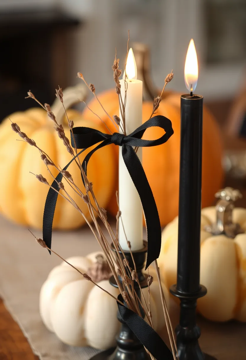 Orange pumpkins with black ribbon and candles, halloween party decorations restyled with black accents