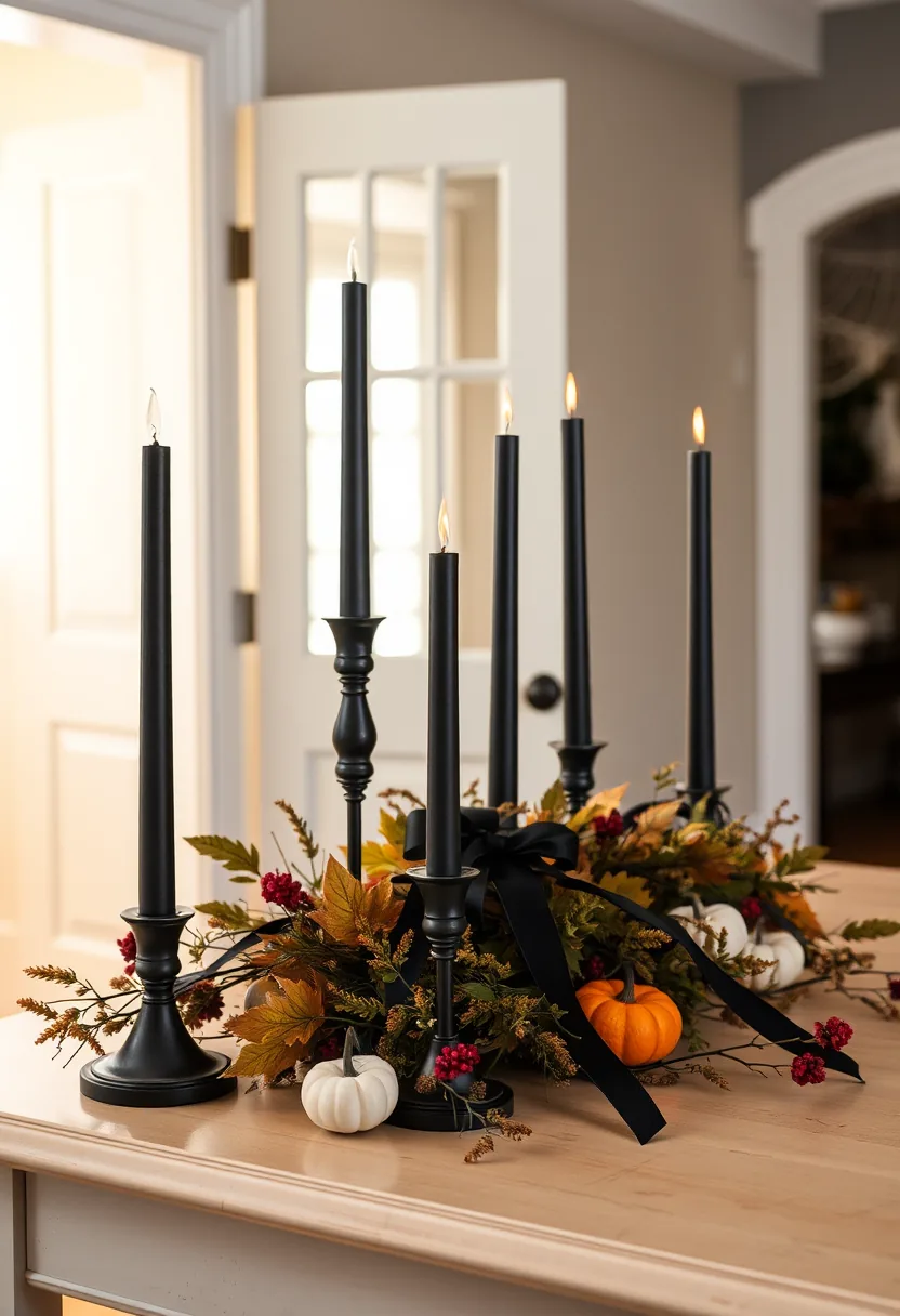 Black candelabra with lit candles, fall flowers, pumpkins restyle fall decor as halloween party decorations