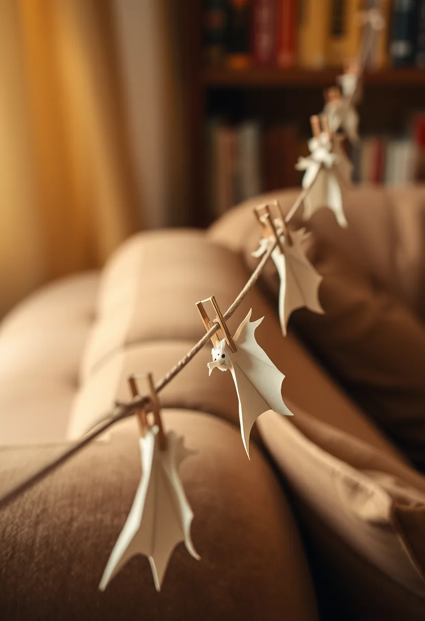 White paper bat garland clipped to twine strung along wooden stair rail, halloween party decorations