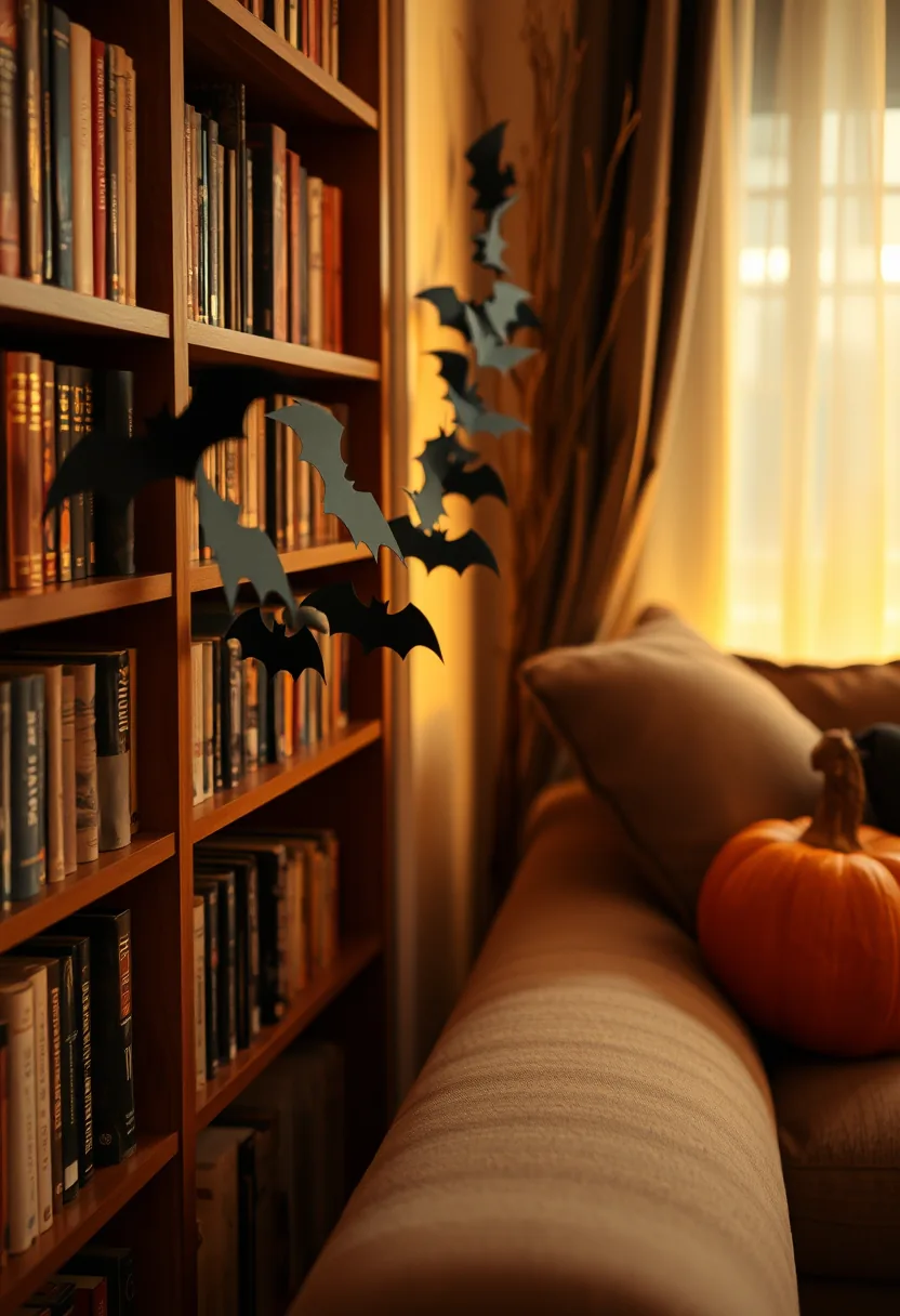 Black paper bat garland strung along wooden shelf halloween party decorations with warm lighting