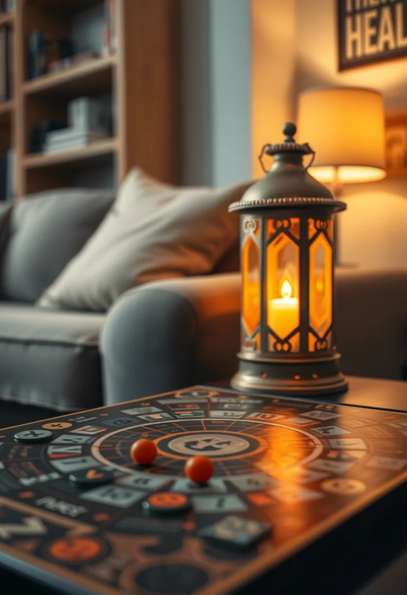 Table with Halloween party decorations, board game and red tokens beside glowing candle lantern in living room