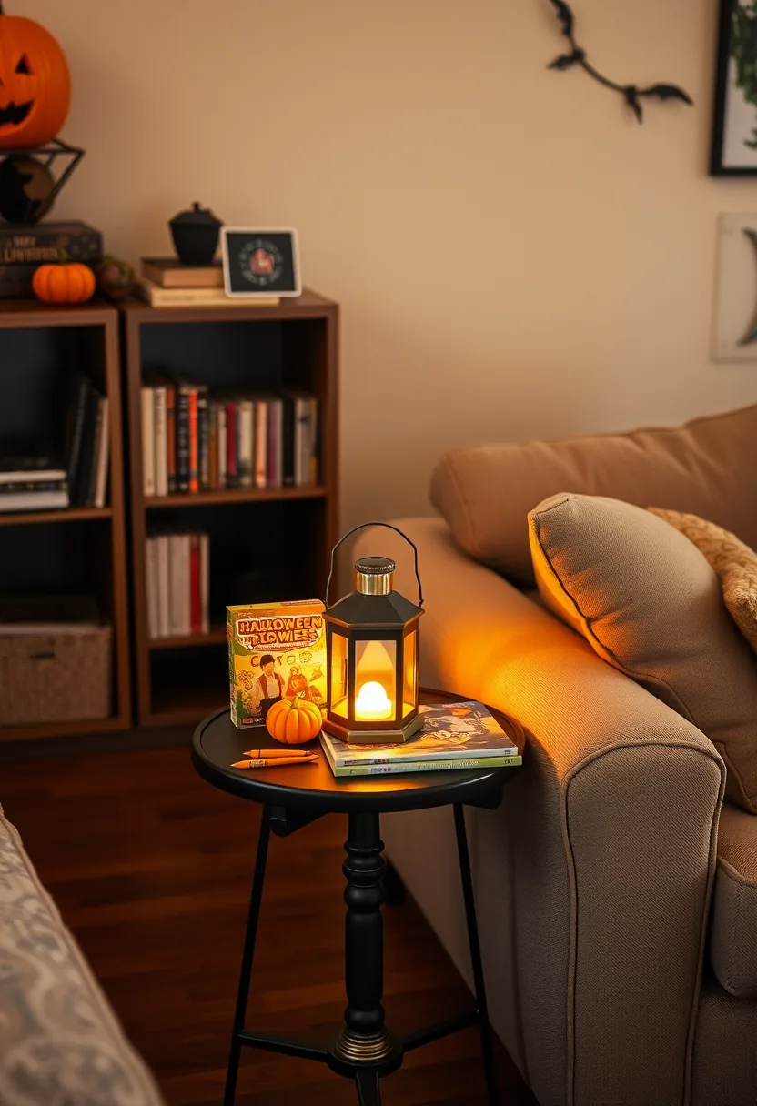 Black pedestal table with Halloween party decorations, pumpkin, lantern, and games creates dedicated game space