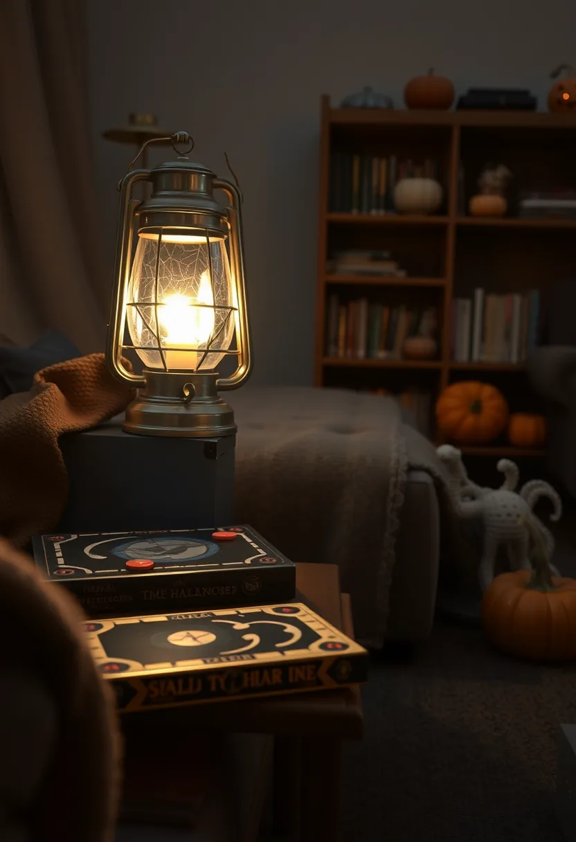 Tarot card games on small table, lit by vintage lantern, with halloween party decorations and pumpkins
