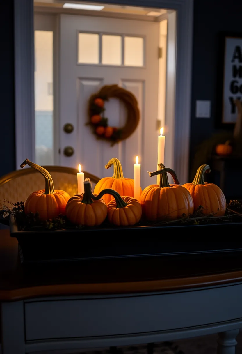 Orange pumpkins, lit candles, autumn foliage in black tray halloween party decorations for one-trip cleanup