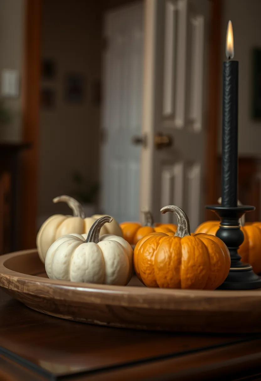 White and orange pumpkins, black candle on wood tray, halloween party decorations grouped for one trip cleanup
