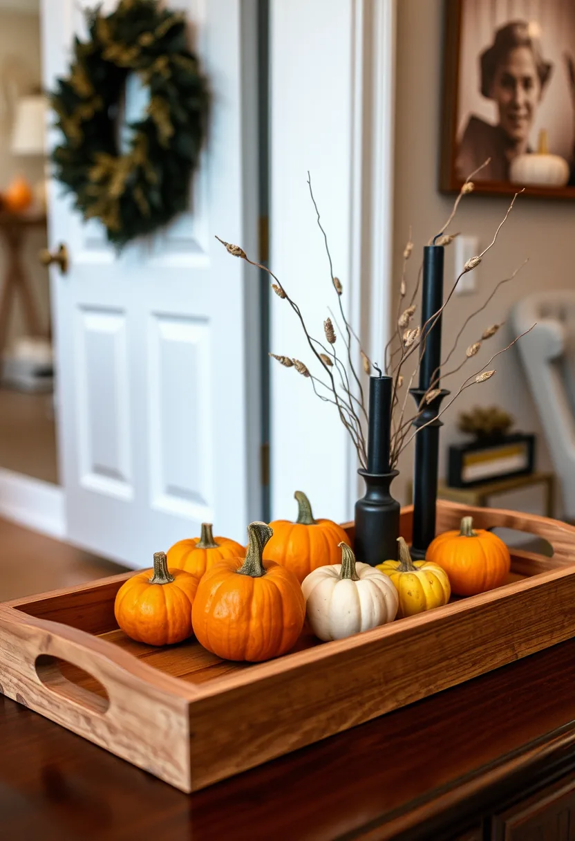 Halloween party decorations on wooden tray: orange, white pumpkins, black candles and branches