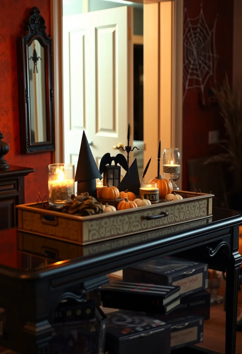 Halloween party decorations grouped on ornate trays with witch hats, pumpkins, candles for one-trip cleanup