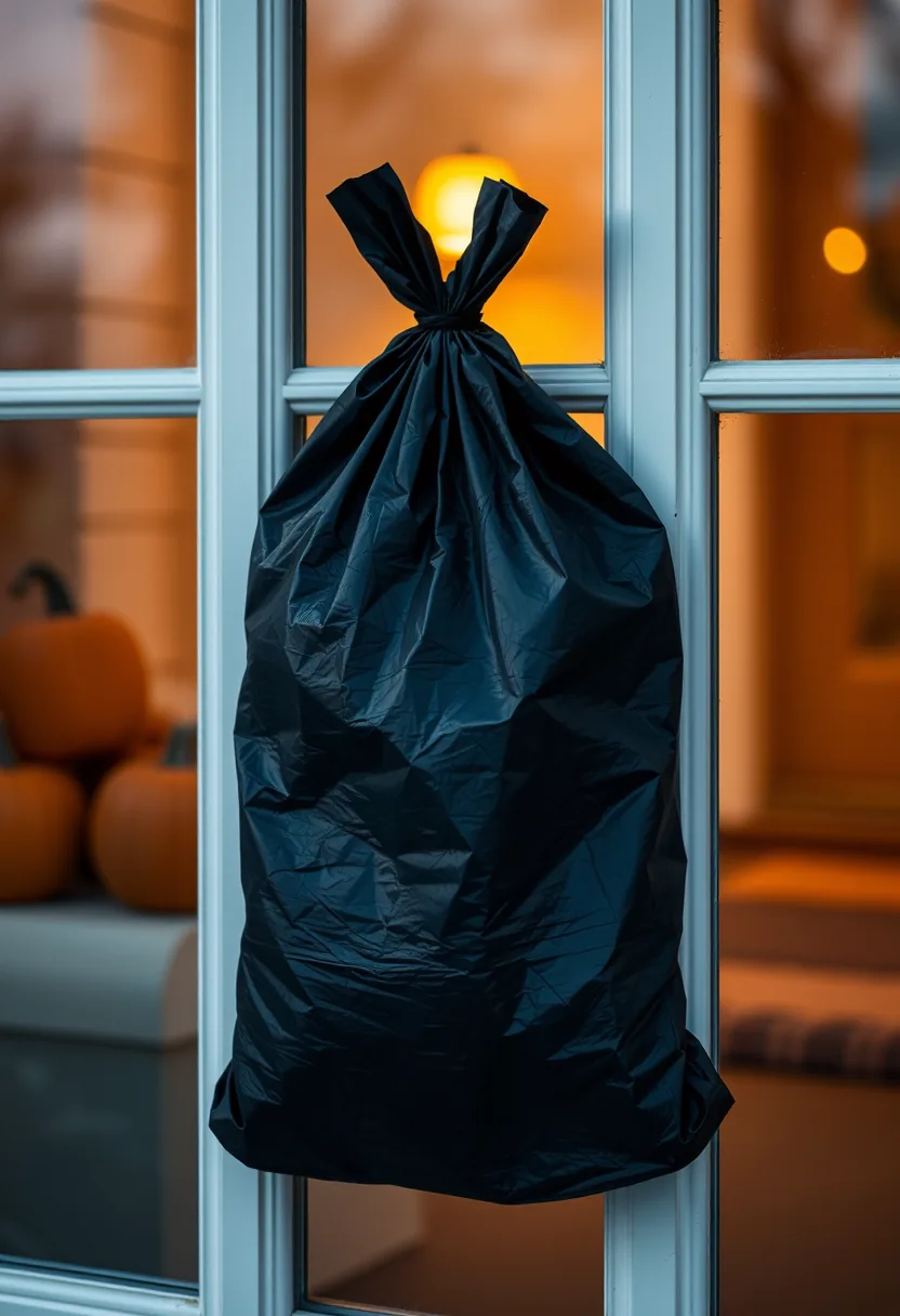 Black trash bag silhouette backlit by moon offers cheap halloween decorations instead of store-bought clings