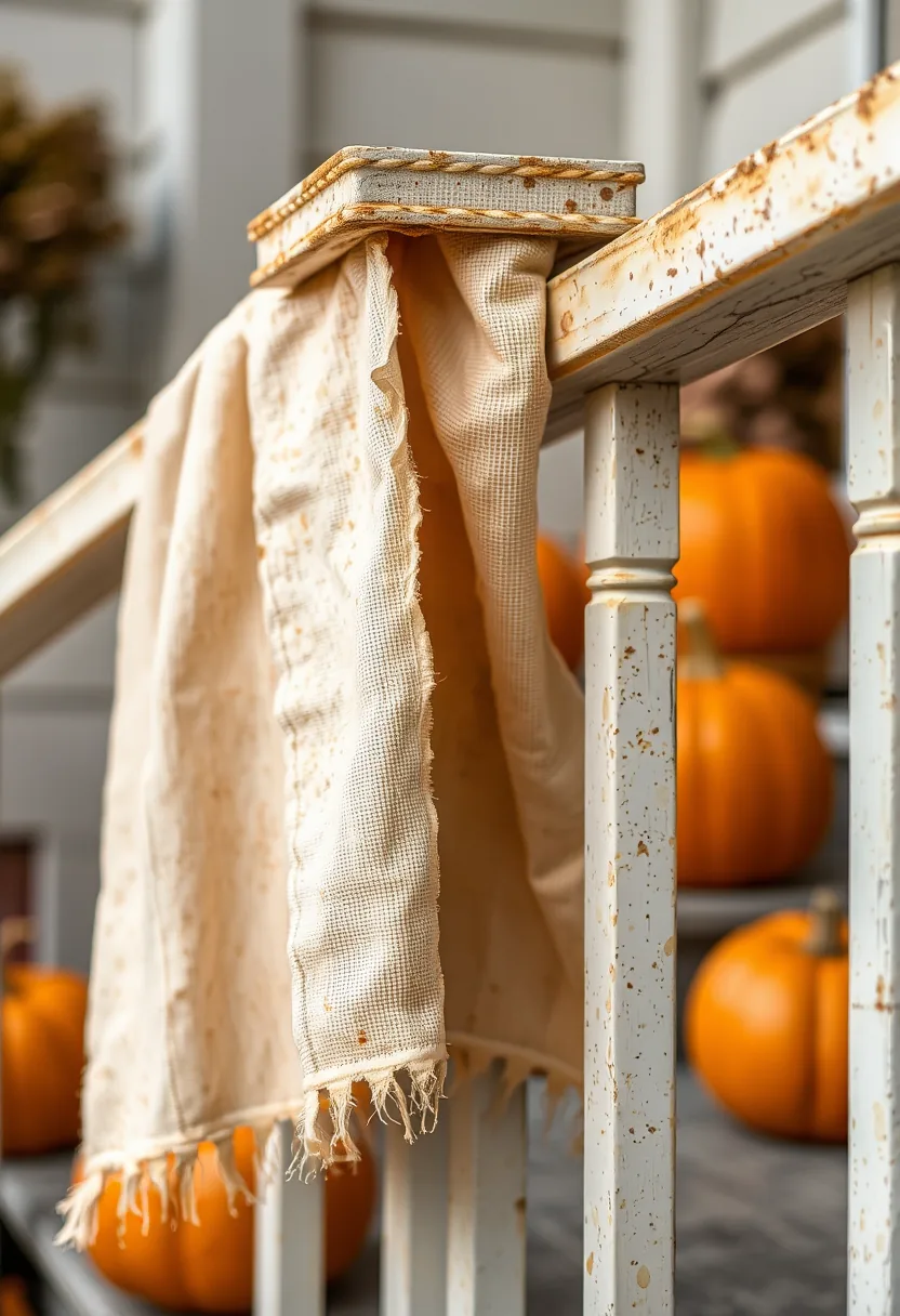Cream cheesecloth draped on weathered wood railings with pumpkins, forgiving cheap halloween decorations