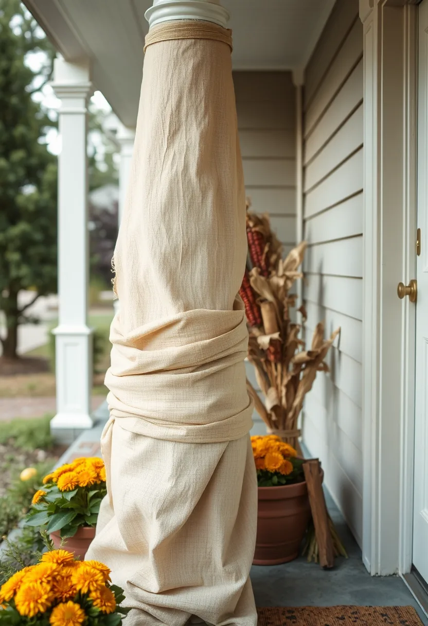 Cream cheesecloth on porch column with yellow mums, cheap Halloween decorations using forgiving, easy material