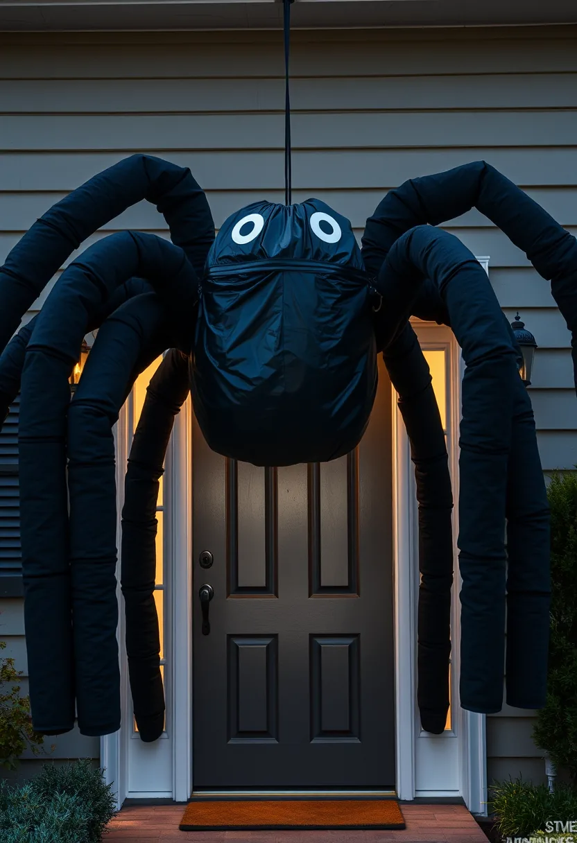 Homemade pool noodle spider with eight thick black foam legs arching over a front doorway