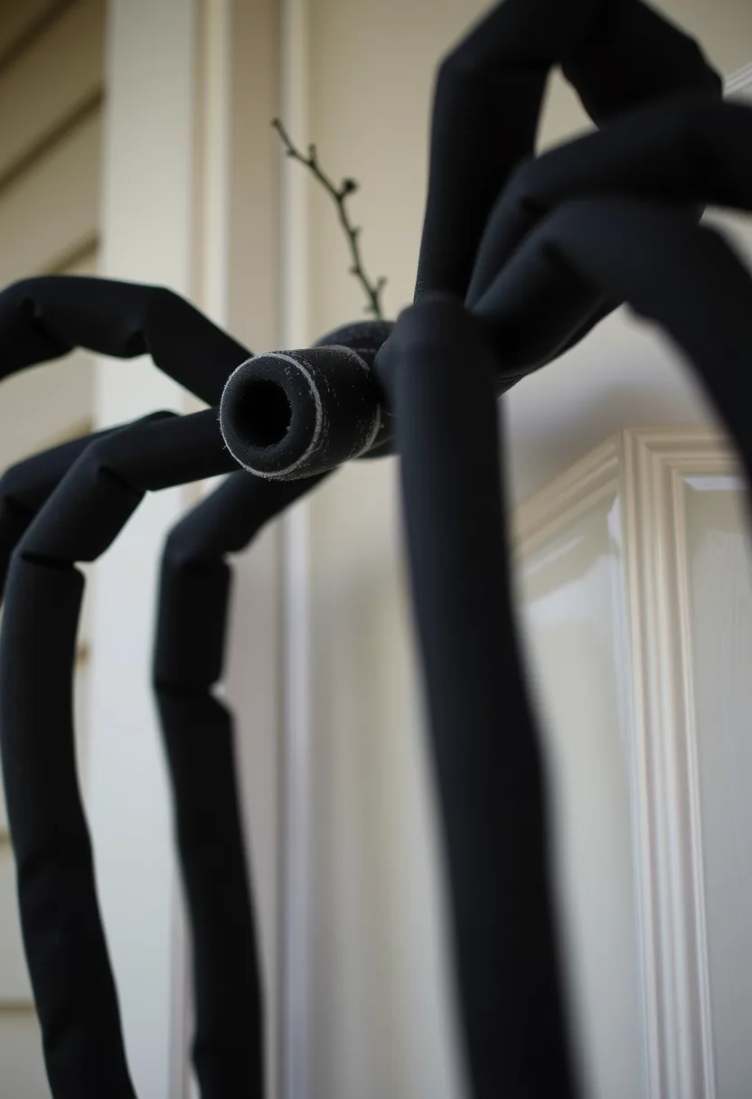 Close view of black foam pool noodle spider legs held at a door frame corner with removable hooks