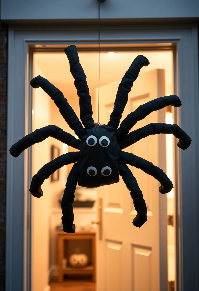 Pool noodle spider above an open front door with a stuffed bin bag body and two round glowing eyes