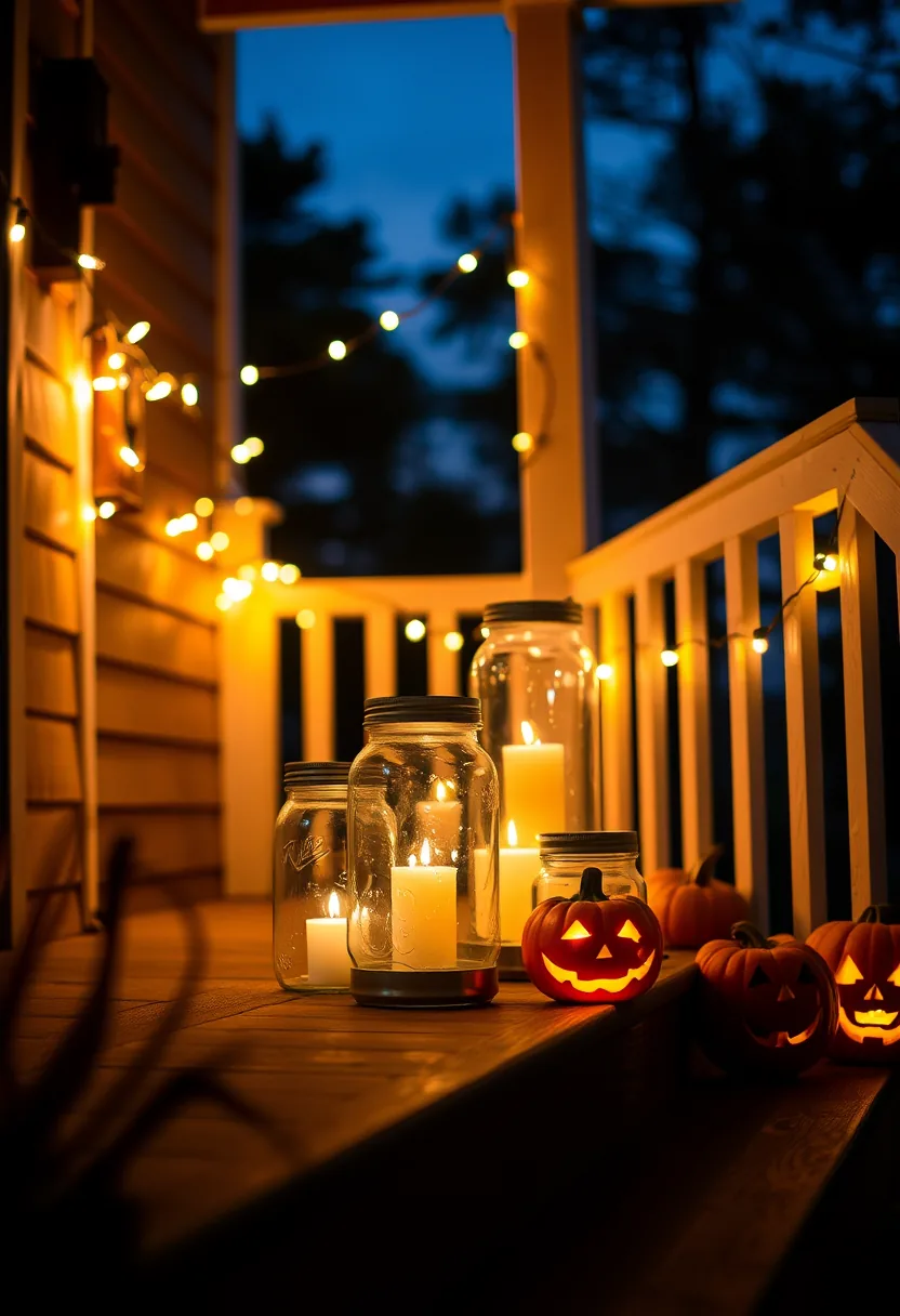 Lit clear mason jar candle lanterns with orange pumpkins on deck for cheap halloween decorations