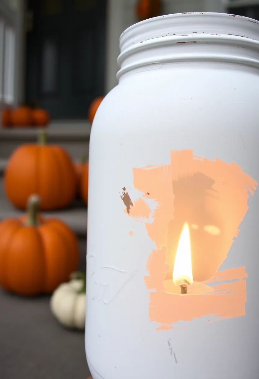 White mason jar with ghost cutout glowing with lit candle, cheap halloween decorations, pumpkins in background