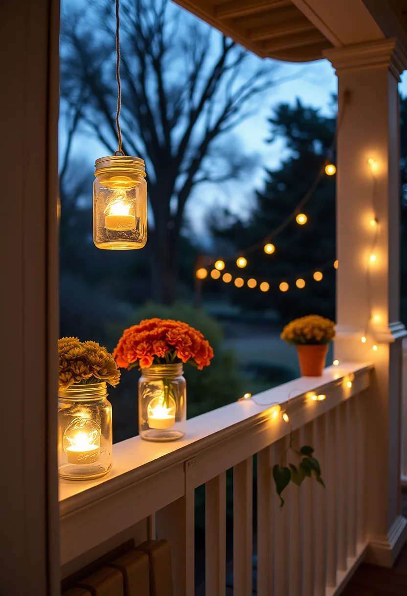 Mason jar lanterns with candles and orange flowers, cheap halloween decorations built from your cabinet