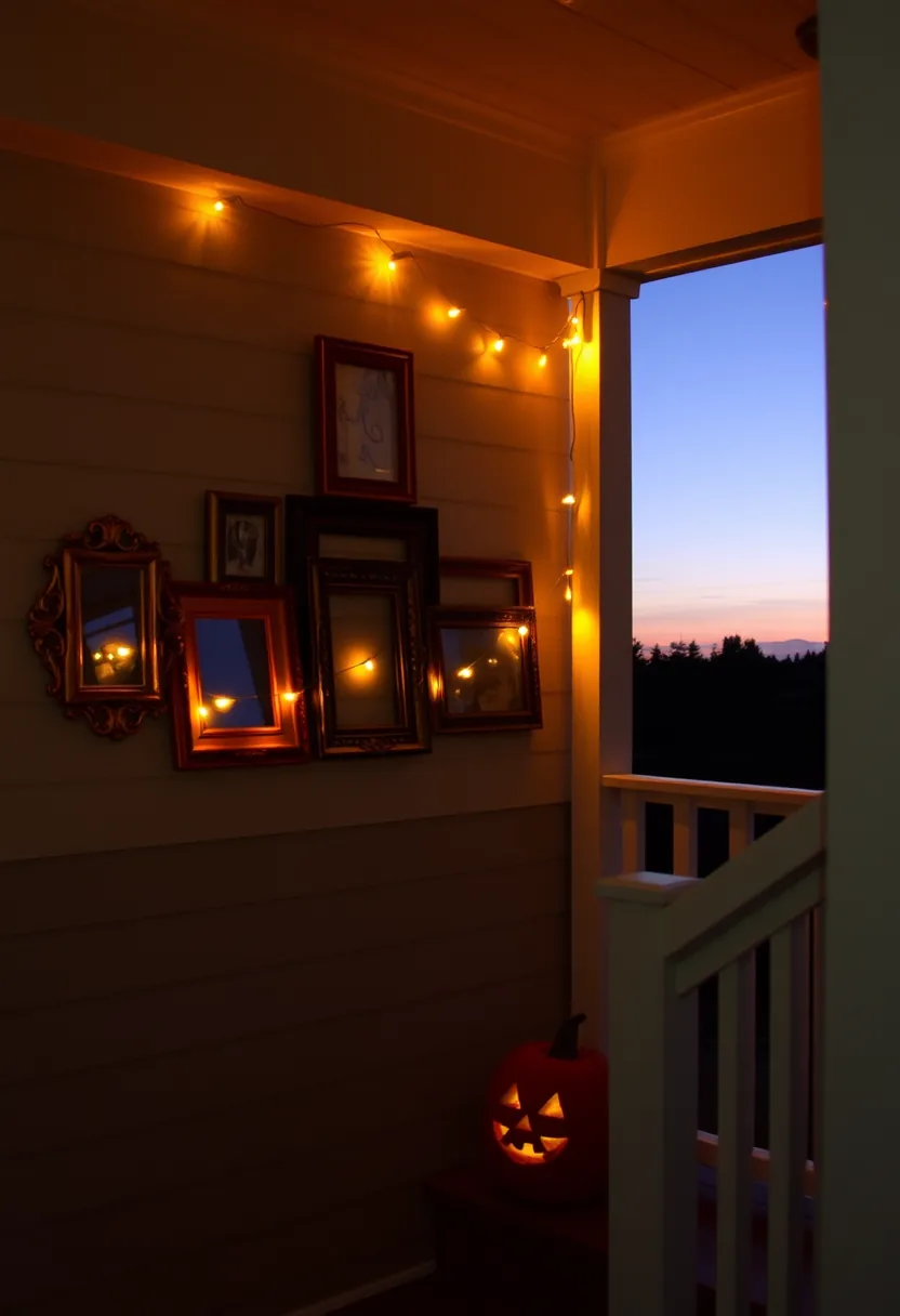 Thrifted wood frames displaying genuine vintage portraits with string lights for cheap halloween decorations
