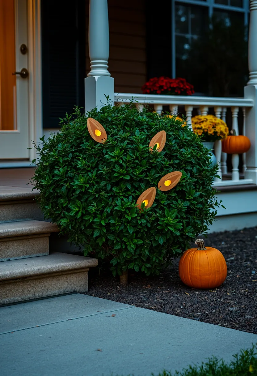 Green shrub with wooden glowing eyes and pumpkin, cheap halloween decorations brighten dark outdoor spaces