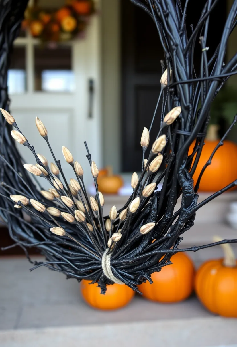 DIY black branch wreath with golden seed pods, cheap halloween decorations you can make from yard materials