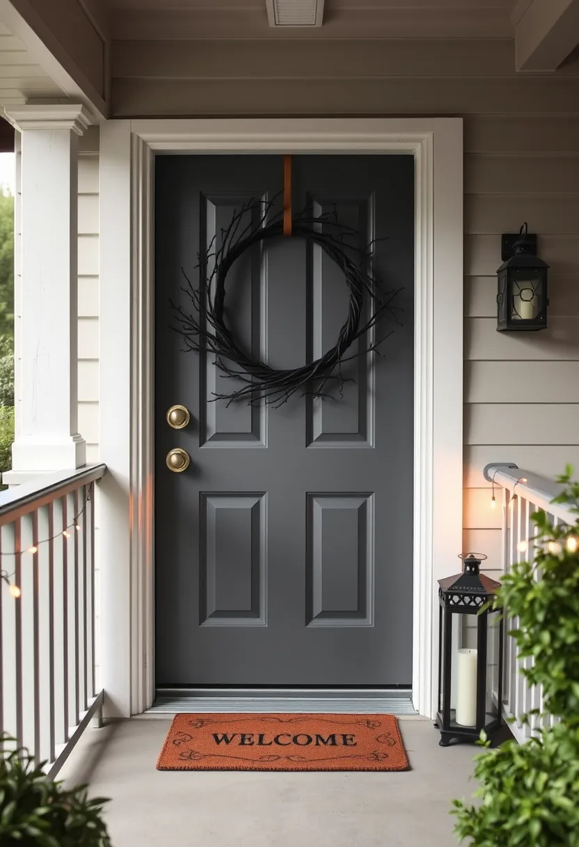 DIY Halloween wreath of black twigs with copper ribbon on front door, cheap decorations from yard materials