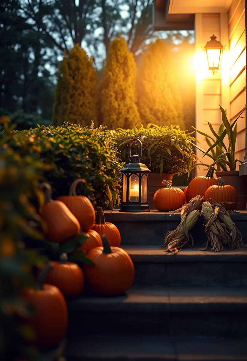 Lantern with pumpkins and corn creates cheap halloween decorations fog effect from warm porch lights