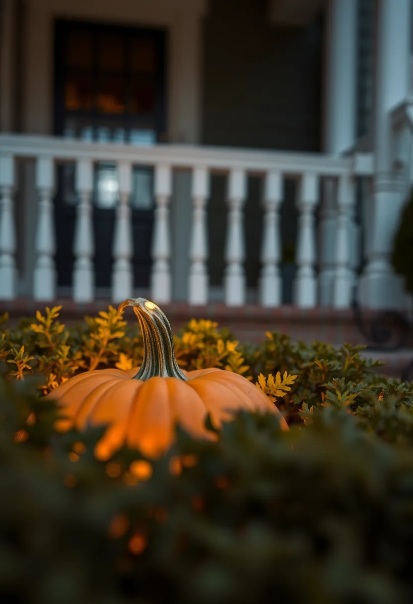Orange pumpkin with ferns in fog, cheap halloween porch decorations achieving misty look without fog machine